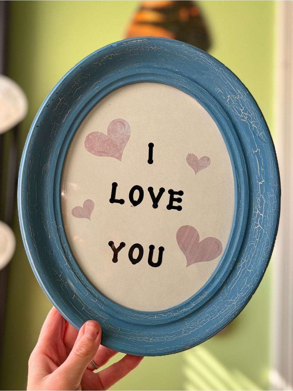 Blue Oval 'I Love You' Decorative Oval Wall Decor Folk Art